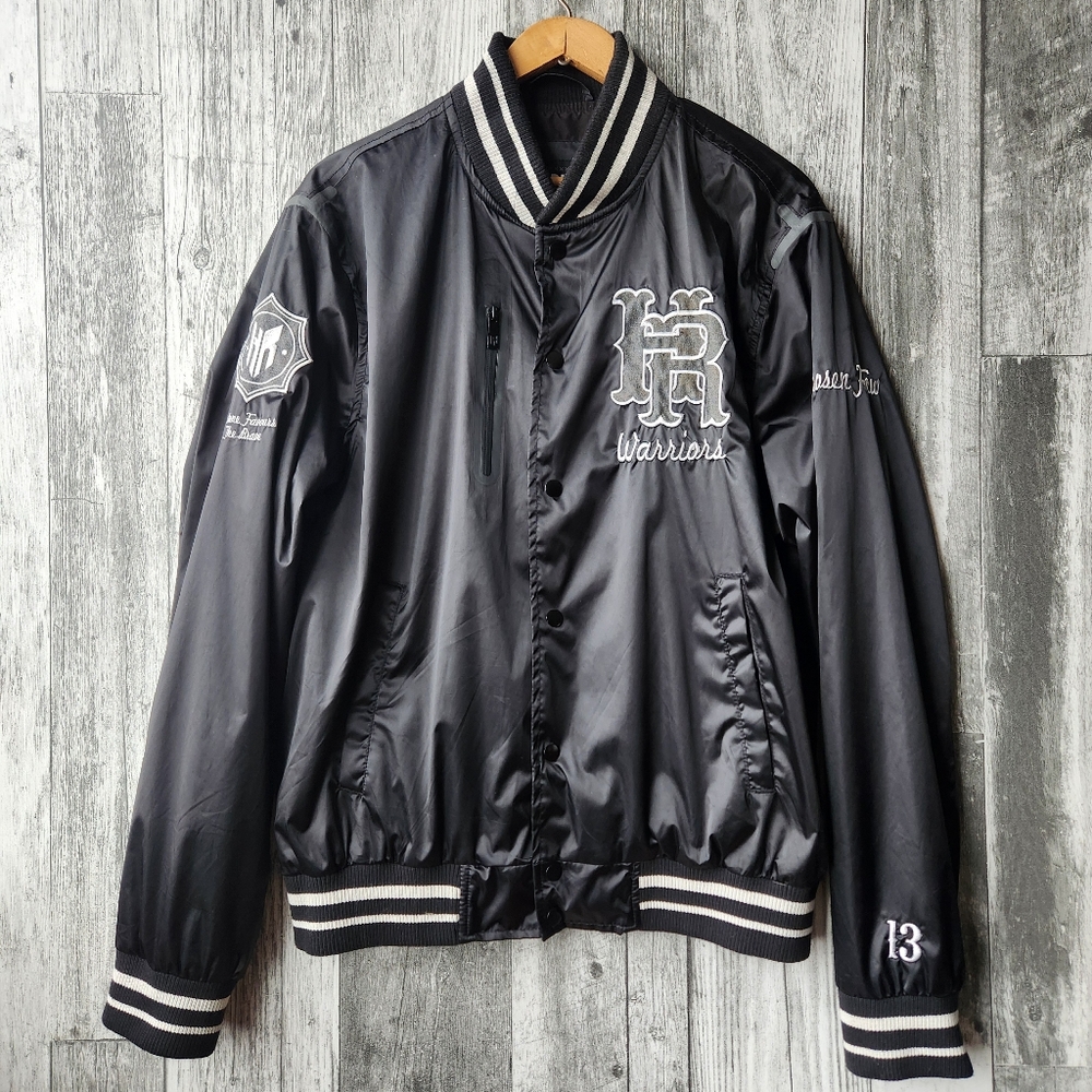 Headrush Black Varsity Bomber Jacket Embroidered Button Front Mens Large